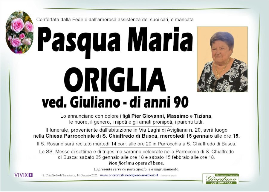 Manifesto di PASQUA MARIA ORIGLIA ved. GIULIANO