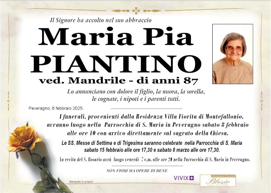 Manifesto di MARIA PIA PIANTINO ved. MANDRILE