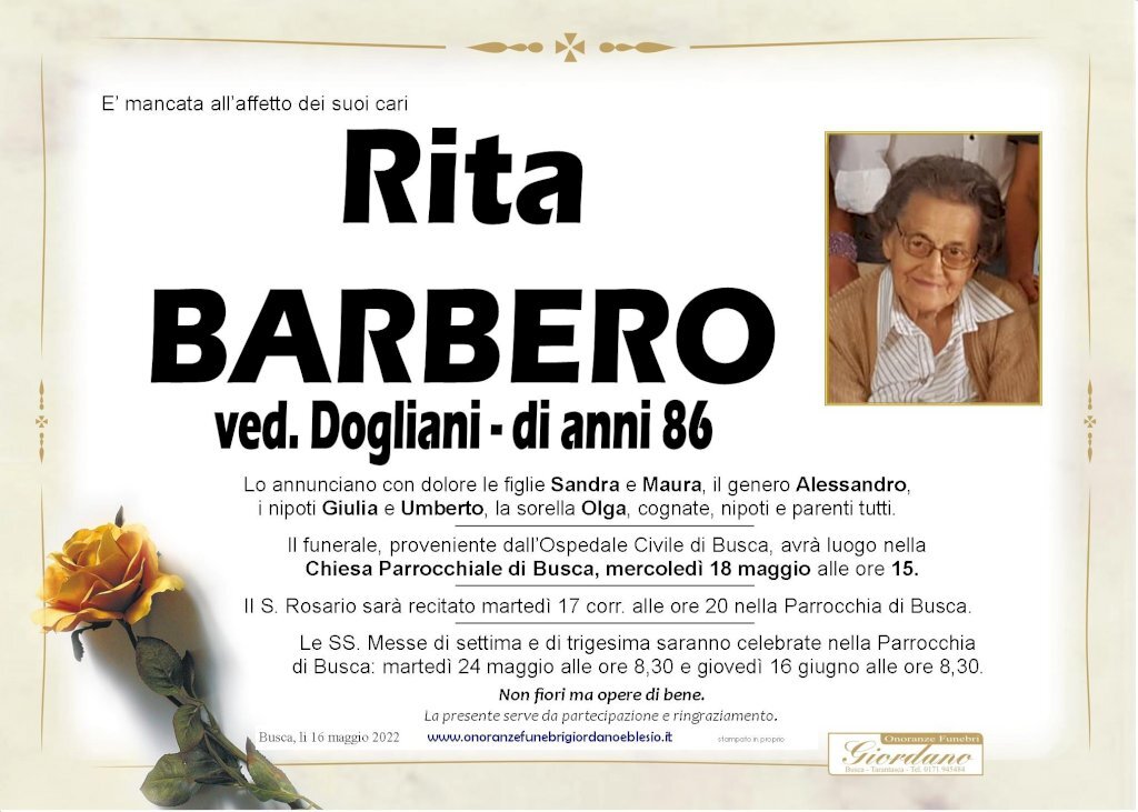 Manifesto di RITA BARBERO ved. DOGLIANI