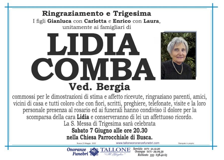 Manifesto di LIDIA COMBA ved. BERGIA Manifesto di LIDIA COMBA ved. BERGIA
