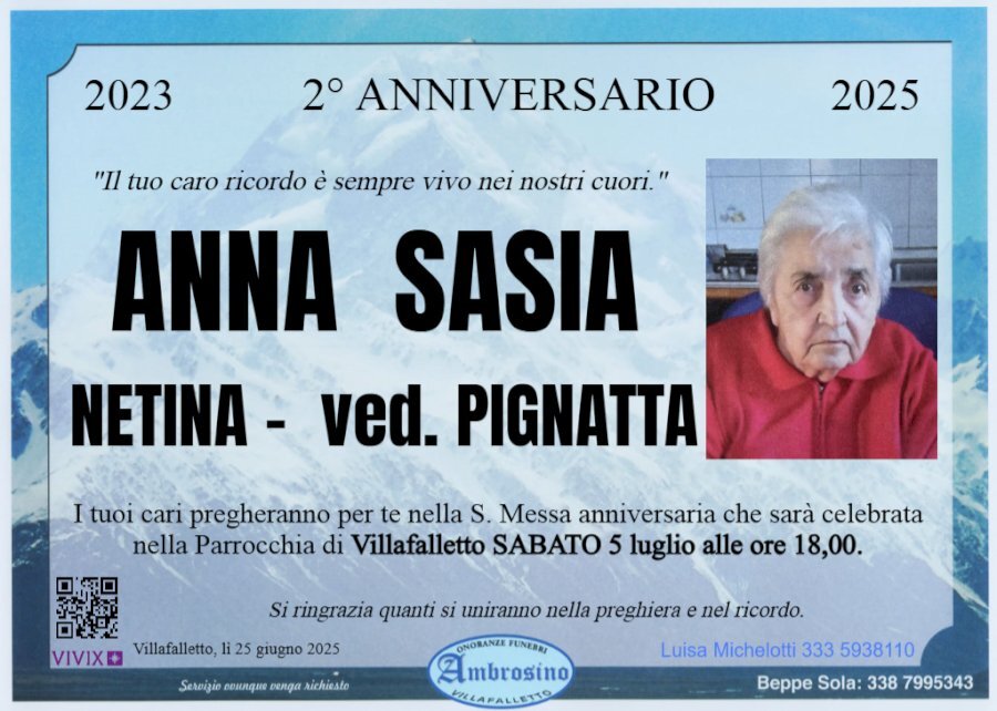Manifesto di ANNA SASIA "NETINA" ved. PIGNATTA Manifesto di ANNA SASIA "NETINA" ved. PIGNATTA