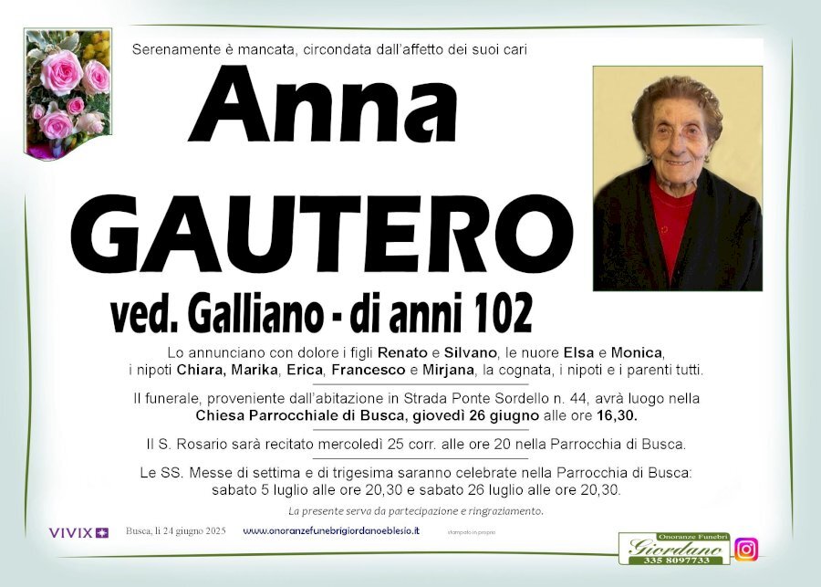 Manifesto di ANNA GAUTERO ved. GALLIANO Manifesto di ANNA GAUTERO ved. GALLIANO