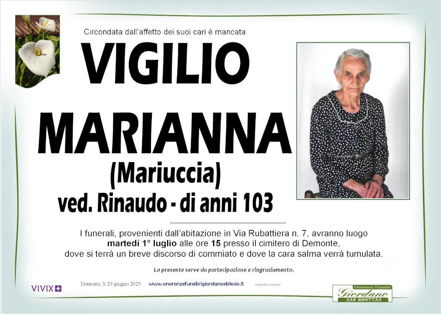 Manifesto di MARIANNA VIGILIO "MARIUCCIA" ved. RINAUDO