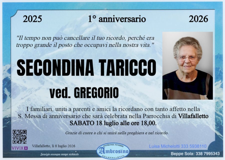 Manifesto di SECONDINA TARICCO ved. GREGORIO