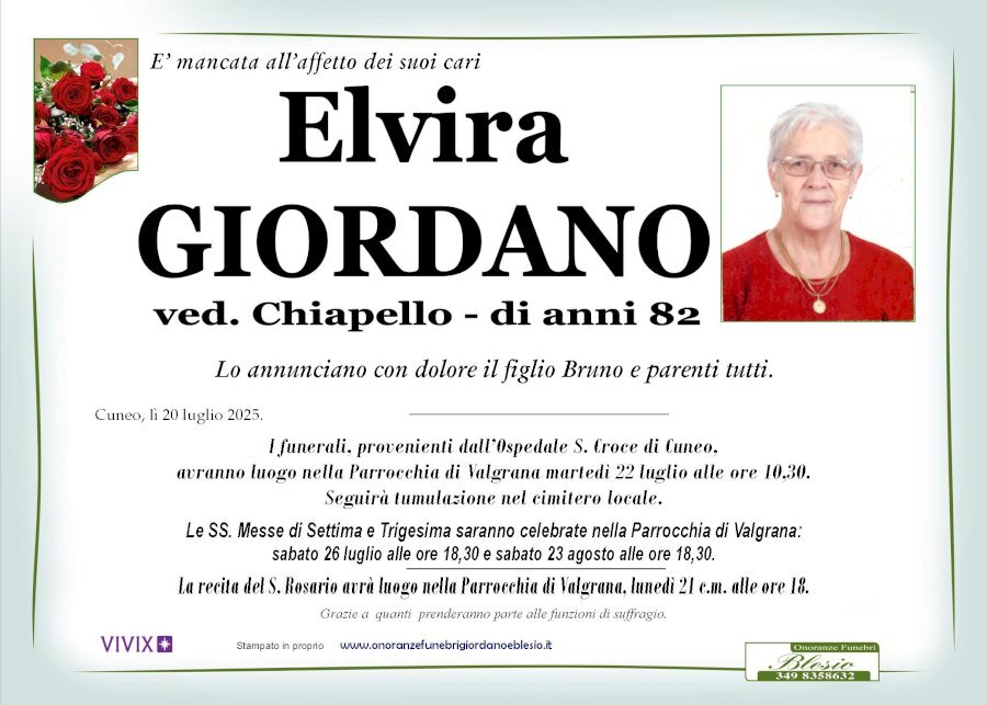 Manifesto di ELVIRA GIORDANO ved. CHIAPELLO Manifesto di ELVIRA GIORDANO ved. CHIAPELLO