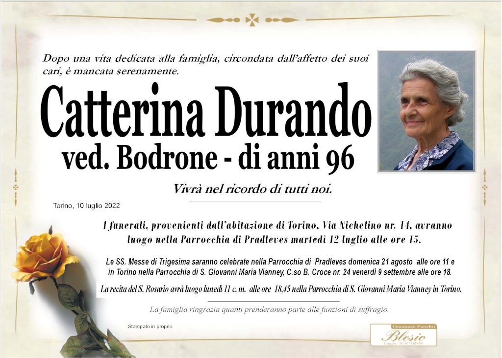 Manifesto di CATTERINA DURANDO ved. BODRONE