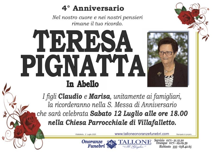 Manifesto di TERESA PIGNATTA "-GINA-" in ABELLO Manifesto di TERESA PIGNATTA "-GINA-" in ABELLO