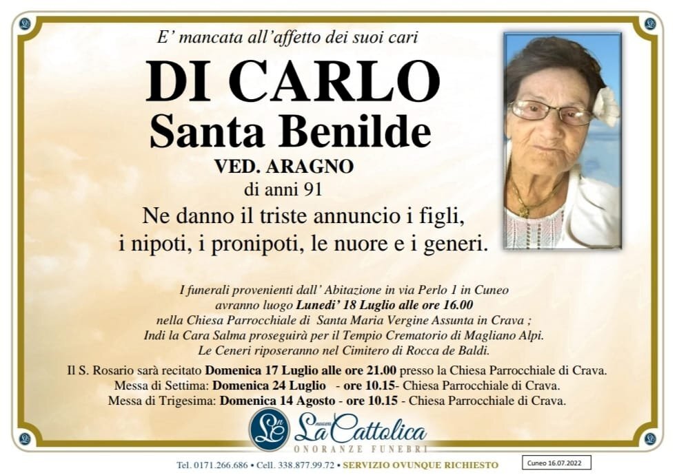 Manifesto di SANTA BENILDE DI CARLO ved. ARAGNO