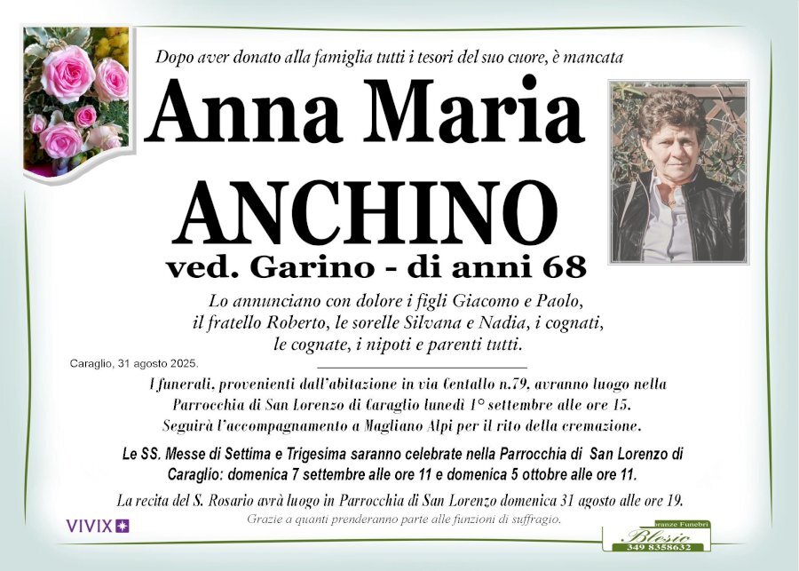 Manifesto di ANNA MARIA ANCHINO ved. GARINO Manifesto di ANNA MARIA ANCHINO ved. GARINO