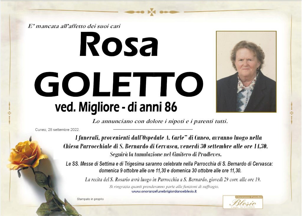 Manifesto di ROSA GOLETTO ved. MIGLIORE