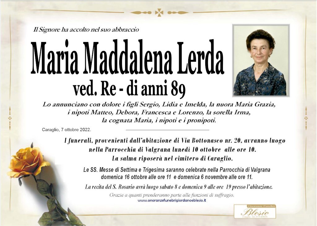 Manifesto di MARIA MADDALENA LERDA ved. RE