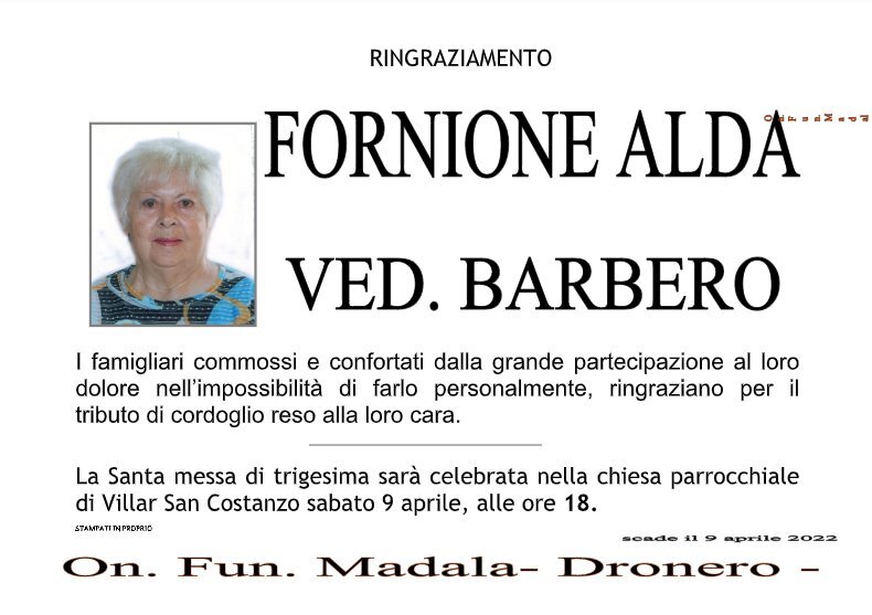 Manifesto di ALDA FORNIONE ved. BARBERO