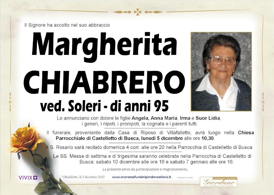 Manifesto di MARGHERITA CHIABRERO ved. SOLERI