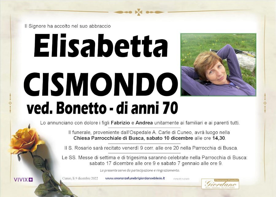 Manifesto di ELISABETTA CISMONDO ved. BONETTO