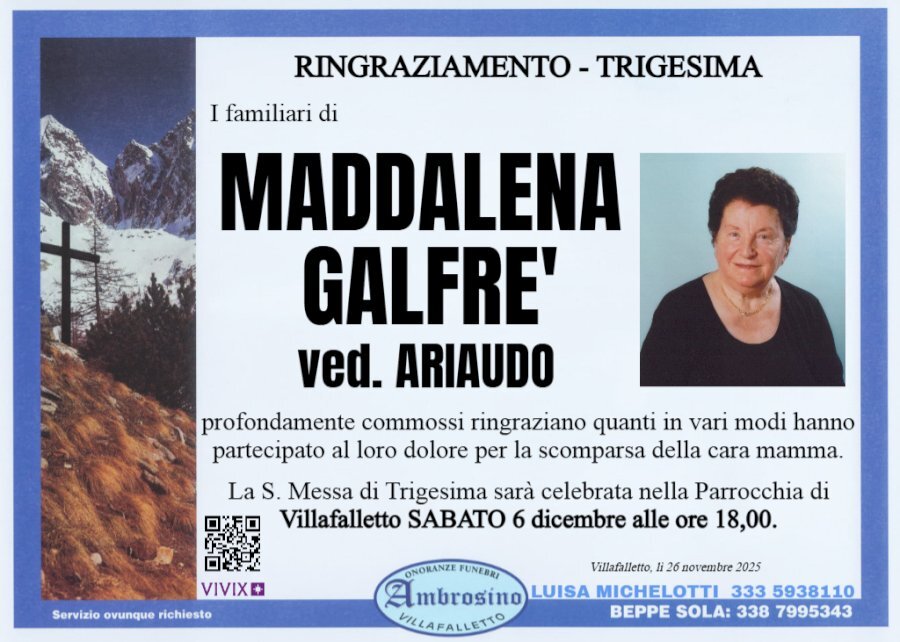 Manifesto di MADDALENA GALFRE' "NUCCIA" ved. ARIAUDO