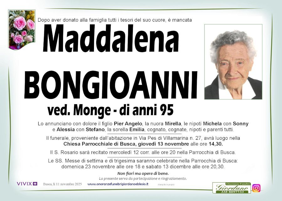 Manifesto di MADDALENA BONGIOANNI ved. MONGE