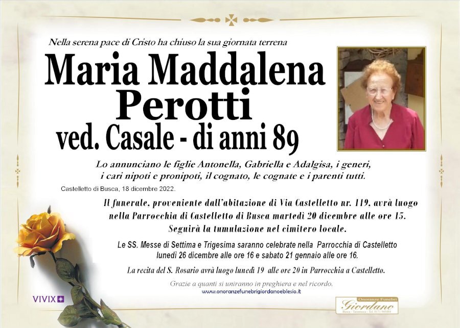 Manifesto di MARIA MADDALENA PEROTTI ved. CASALE